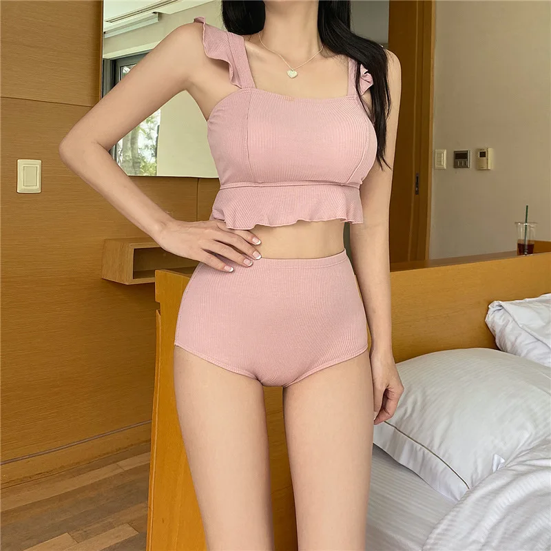 

Korean Style High Waist Bikini Set Women Biquini Suit Two Pieces Swimwear Ruffle Swimsuit High Quality Beach Suit 2020