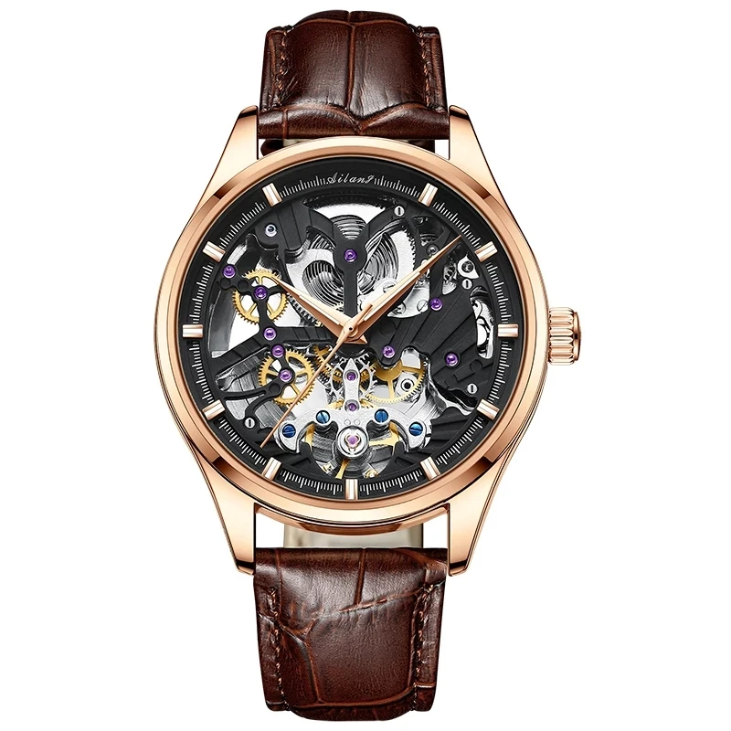 

AILANG Top Brand Luxury Rose Gold Case Steampunk Mechanical Watches Men's Fashion Hollow Waterproof Luminous Leather Watch 8607G