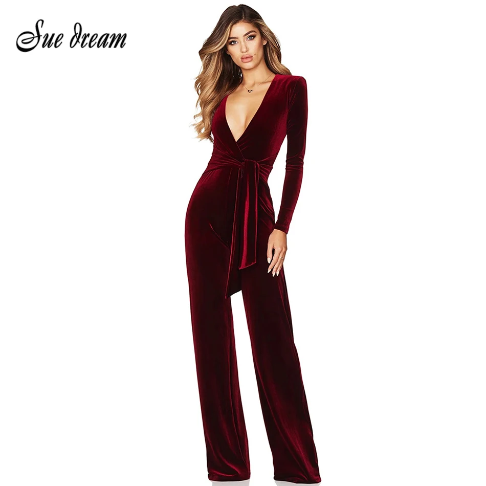 Женский элегантный комбинезон с длинным рукавом бархатный расклешенными