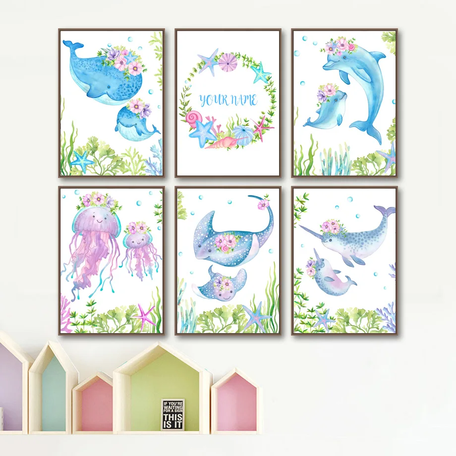 

Whale Dolphin Jellyfish Devil fish Narwhal Wall Art Canvas Painting Nordic Posters And Prints Wall Pictures Baby Kids Room Decor