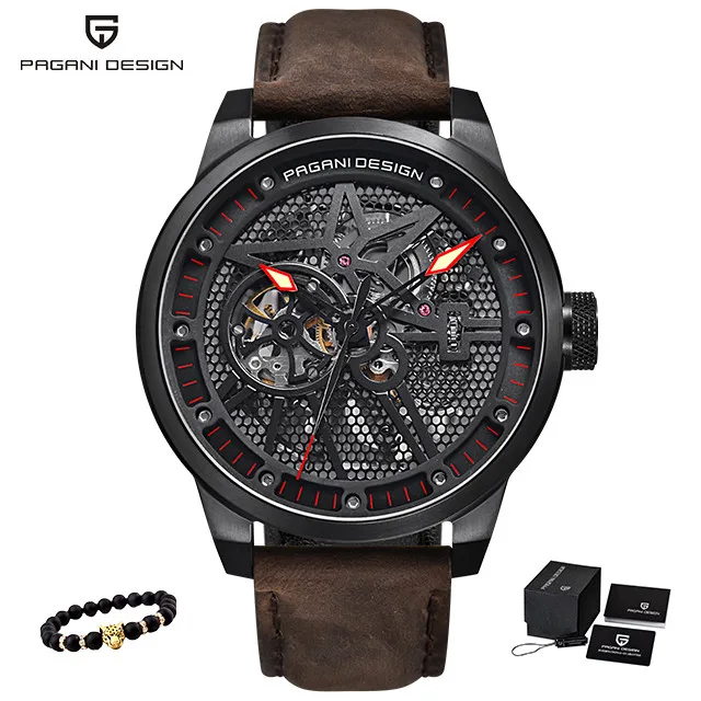 Модный Роскошный бренд Pagani кожаный Tourbillon часы Автоматические Мужские часы Мужские механические стальные часы Relogio Masculino+ коробка - Цвет: L-black red