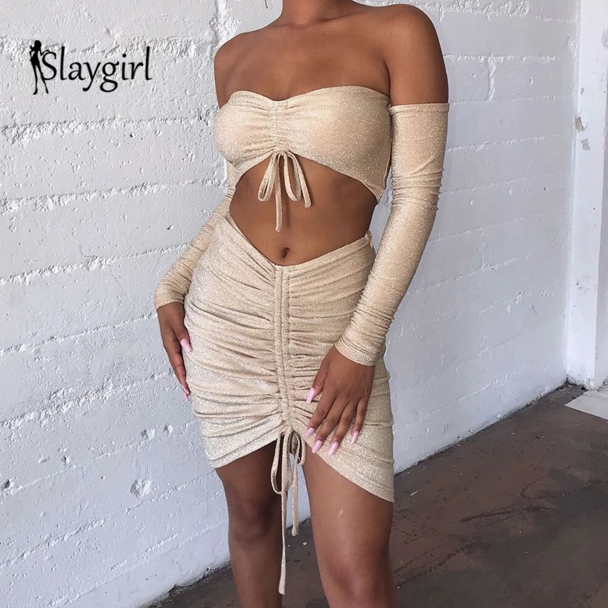 Slaygirl и открытыми плечами облегающее сексуальное осеннее платье Для женщин мини-платье с открытыми плечами клуб C заклепками; дамские туфли на шнуровке вечерние платья с длинным рукавом