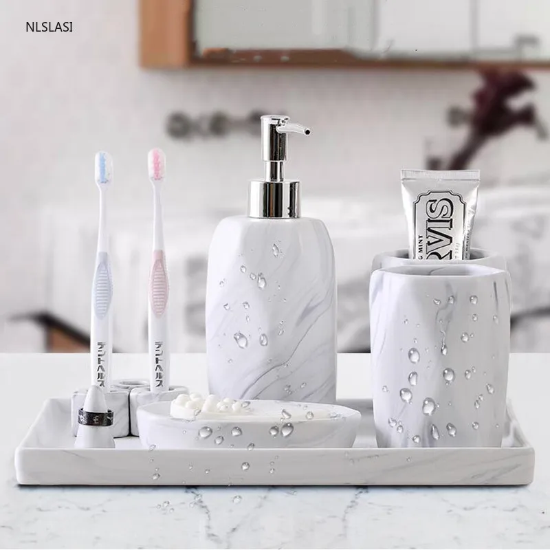 

Nordic Imitation Marble Bathroom Accessory Set Washing Tools ceramics Soap dispenser gargle cup Toothbrush Holder Wedding gifts