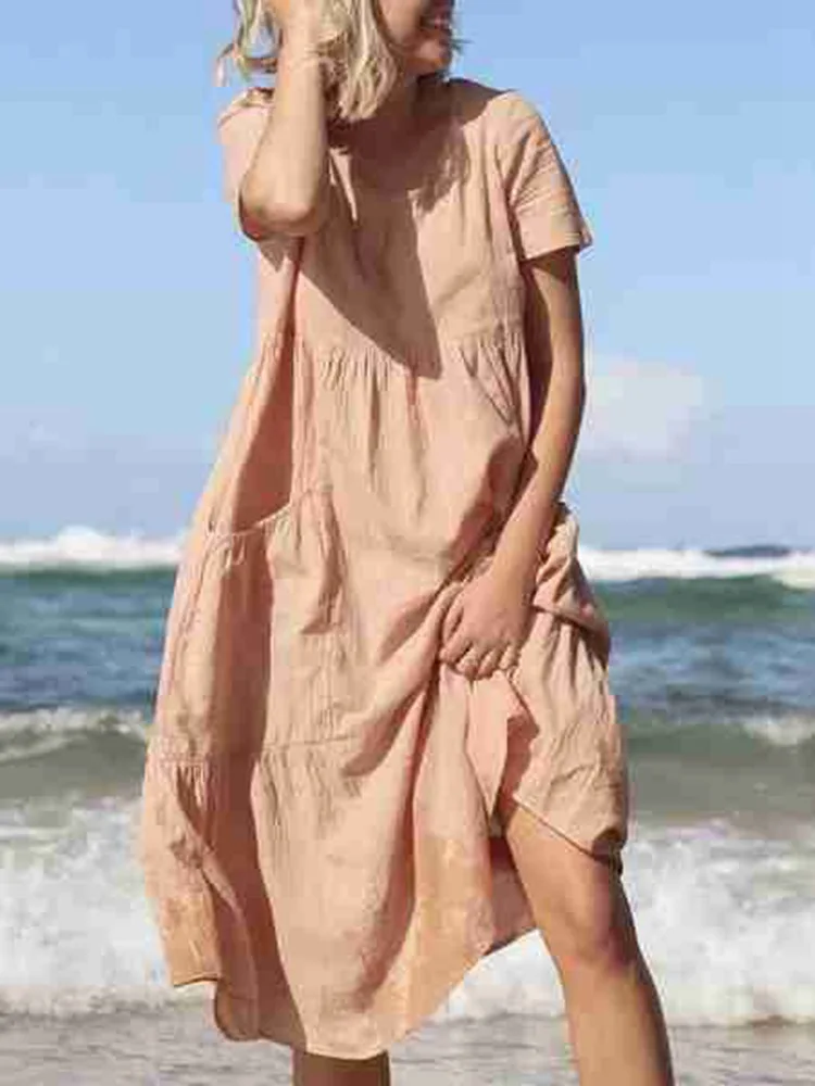 

Women Fashion Long Dress Knee Length Solid Pocket O Neck Short Sleeve Korean Fashion Style Beach Streeetwear Loose Casual 2021