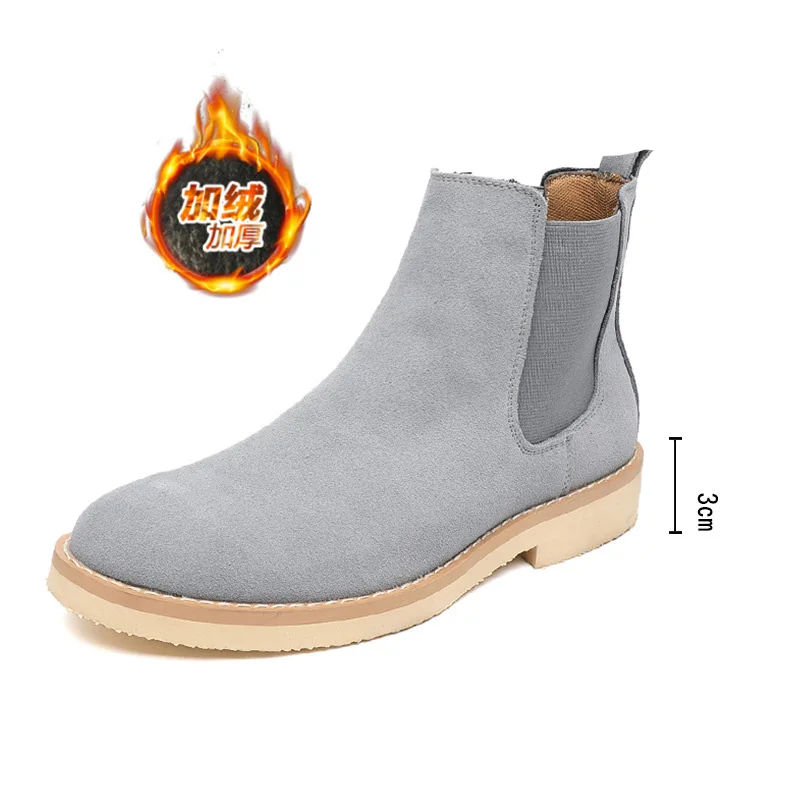 Gray Add cotton NPEZKGC/осенние модные повседневные мужские ботинки «Челси»; Мужская обувь из коровьей замши; качественные мужские ботинки в байкерском стиле без шнуровки - Цвет: Gray Add cotton