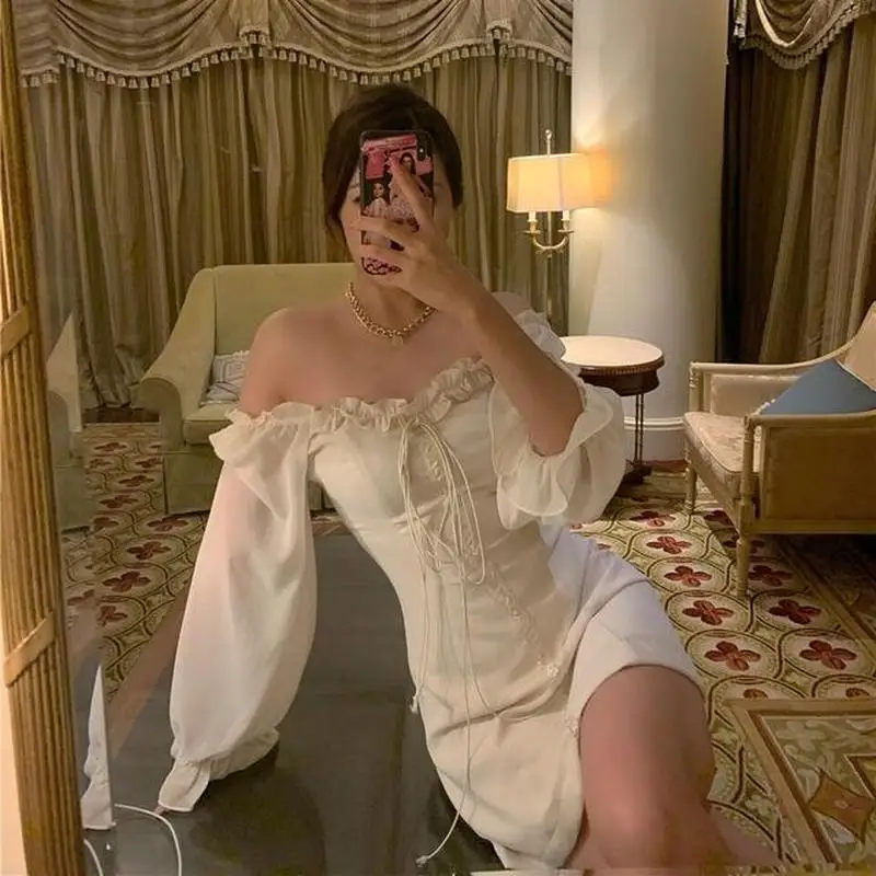 

White Elegant Dress Women Bandage Retro Party Mini Dress Office Lady French Designer Korean Dress women's clothing autumn 2020
