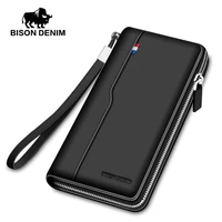 bison denim fashion brand men wallets genuine leather long zipper purse large capacity credit card holder wallet