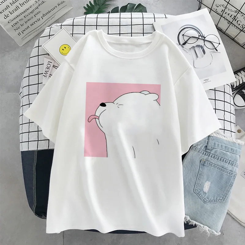 Kawaii с принтом медведя для женщин Harajuku футболка изображением якоря летние