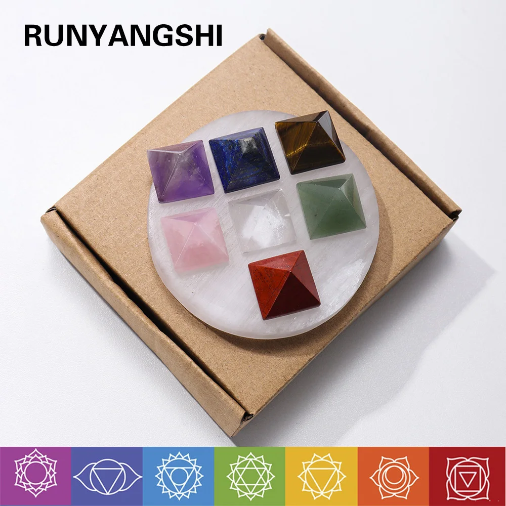 

8pc/Set Natural Healing Crystal Seven Chakra Gemstone Pyramid Selenite Set Base Quartz Tower Decoration Gift
