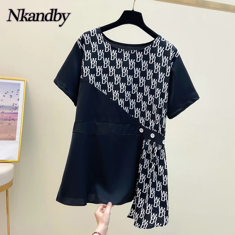 

Nkandby Women Blouses 2021 Summer New Fashion Splice Loose Short Sleeve Letter Shirts Oversize Irregular Chic Tops