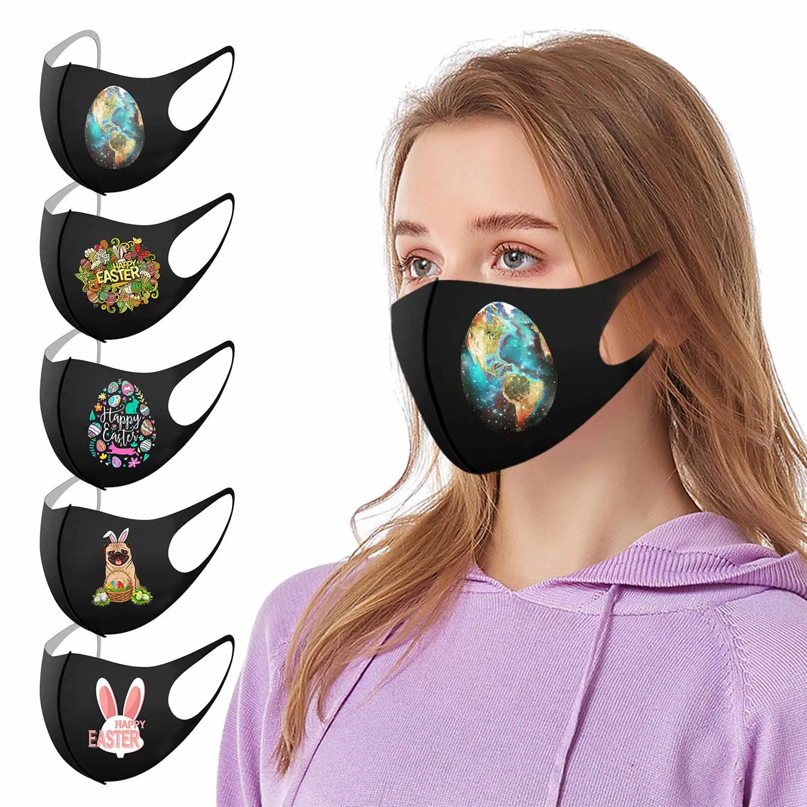 

1PC Adult's Mouth Mask Easter Prints Protection Ice Silk Mask Dustproof Face Cover Washable Reuse Earloop Mask Mascarillas