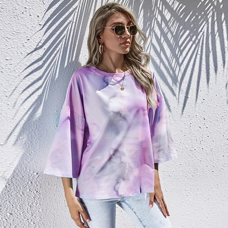 

2021 New Fashion Ladies 2021 Spring Summer Print Tops For Ladies Round Neck Tie Dye Three Quarter Sleeves
