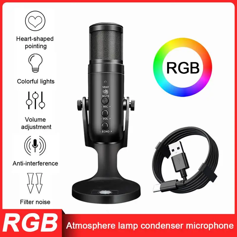 

Конденсаторный микрофон RGB для iPhone, Xiaomi, Huawei, Android, ноутбуков, компьютеров, USB-микрофон с разъемом для наушников для игр и потокового видео