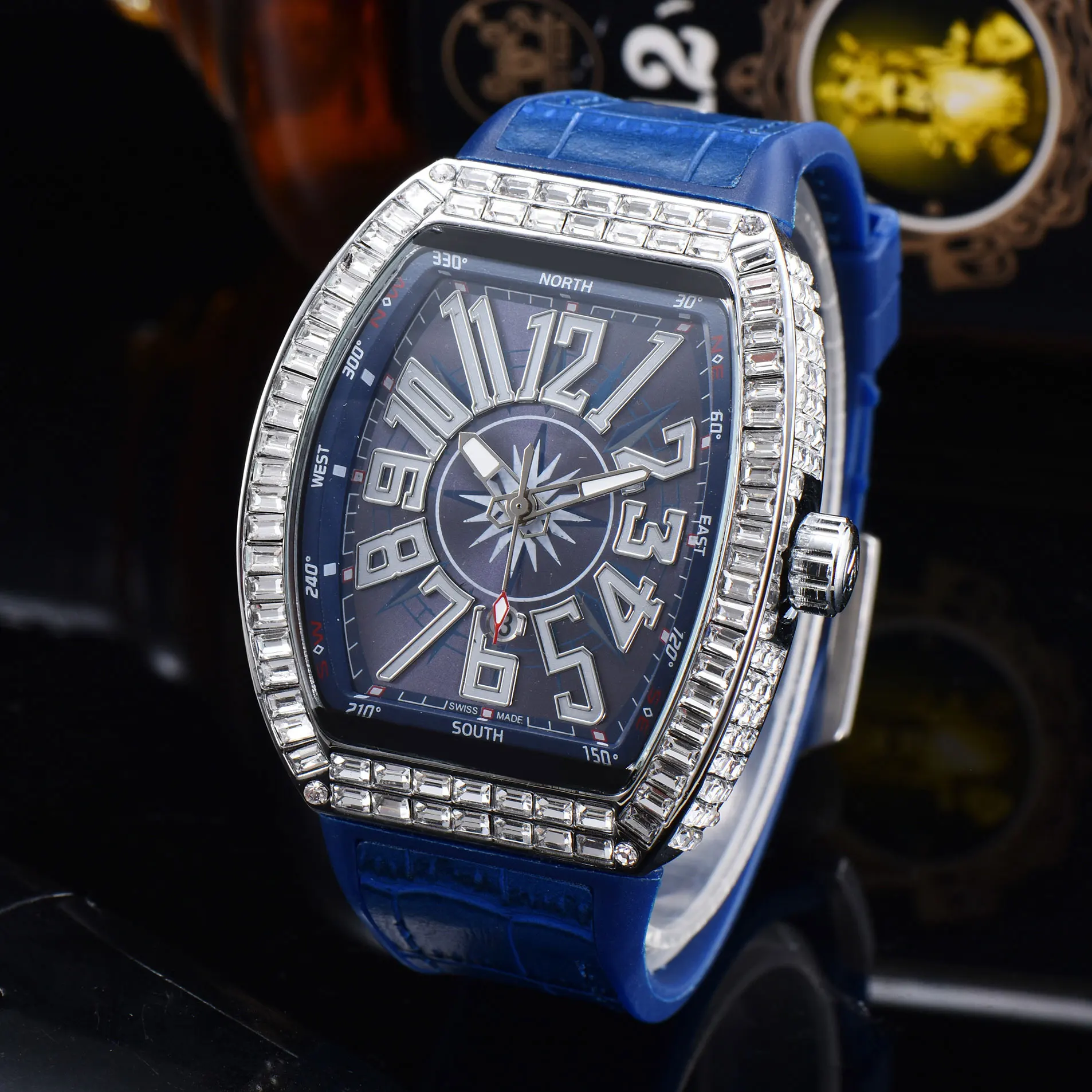 

Brand High Quanlity Quartz Watch Men Luxury Sport WristWatch FM calendar Multi-function women's diamond Genuine Leather watches