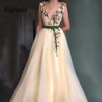 champagne prom dresses v neck appliques with handmade flowers a line tulle long evening gown arabic party dress for graduation