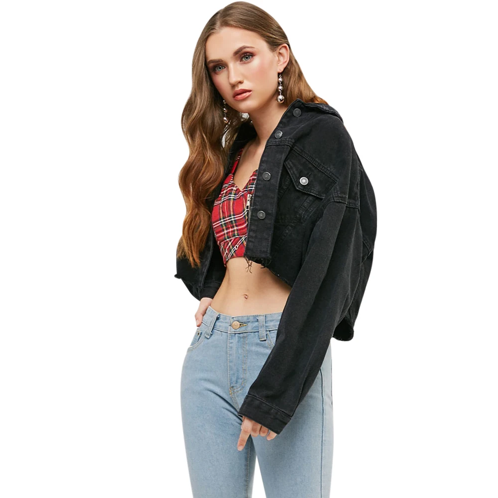 Женская джинсовая куртка ZAFUL Raw с карманами открытыми плечами широкой талией топы