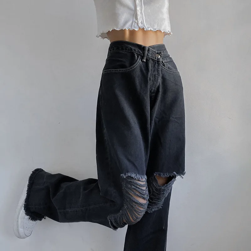 

2021 New High Street Style Black Jeans Women's High Waist Loose Wide Leg Pants Hole Tassel Pants Denim Hip Hop Pants