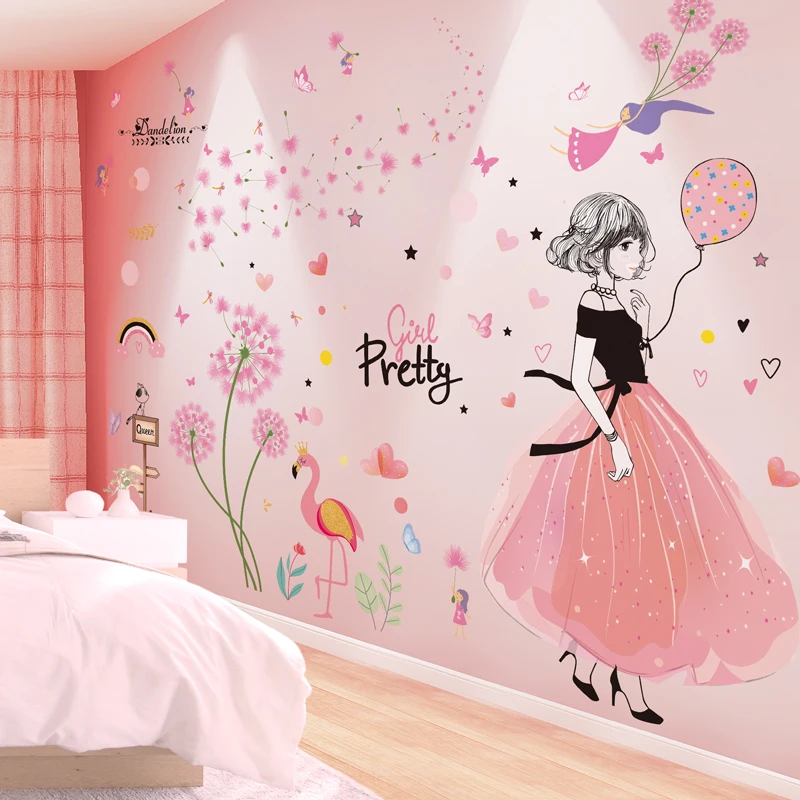 

Pink Dandelion Flowers Wall Stickers DIY Cartoon Girl Wall Decals for Living Room Kids Room Kitchen Home Decoration Accessories