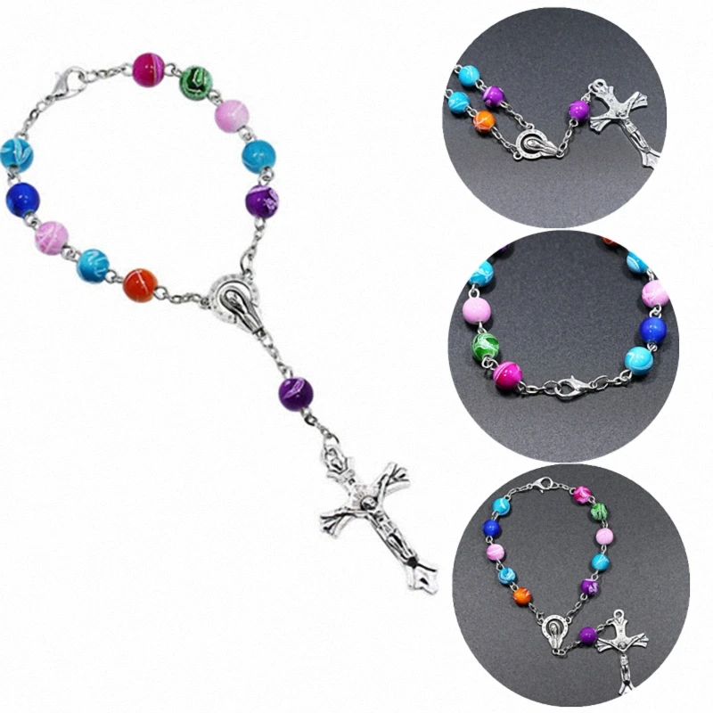 

New Style Religious Cross Rosary Necklace Bracelet Set Jesus Christian Colorful Round Beads Virgin Mary Fashion Jewelry