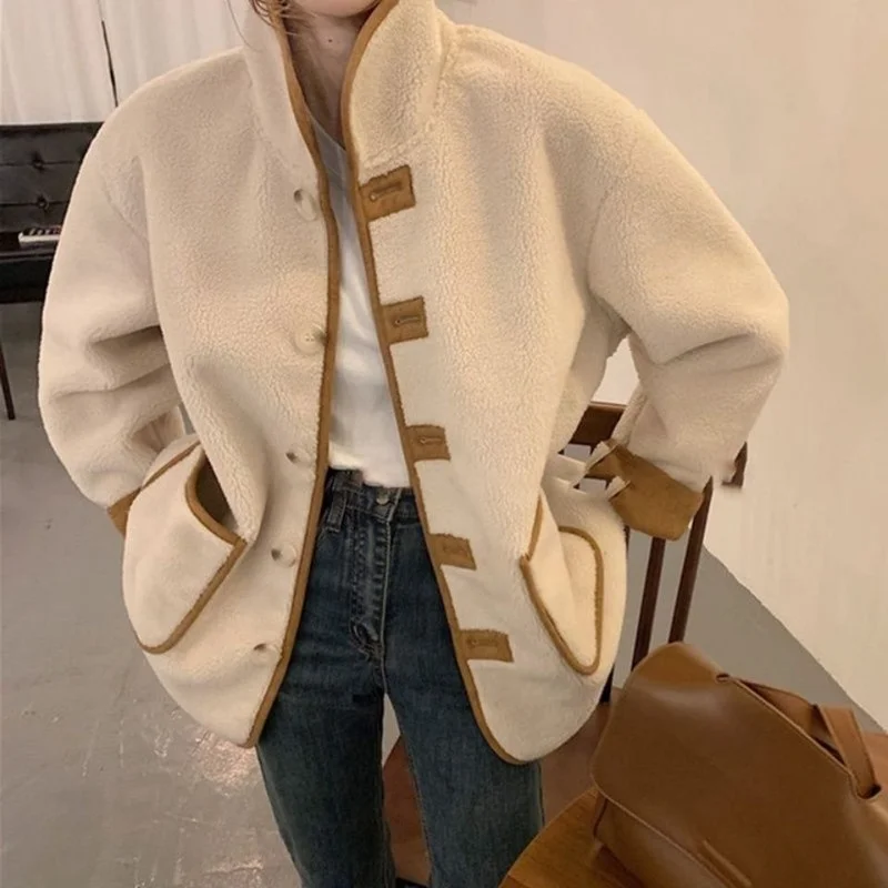 Женское пальто с воротником-стойкой и карманами в стиле ретро | Женская одежда