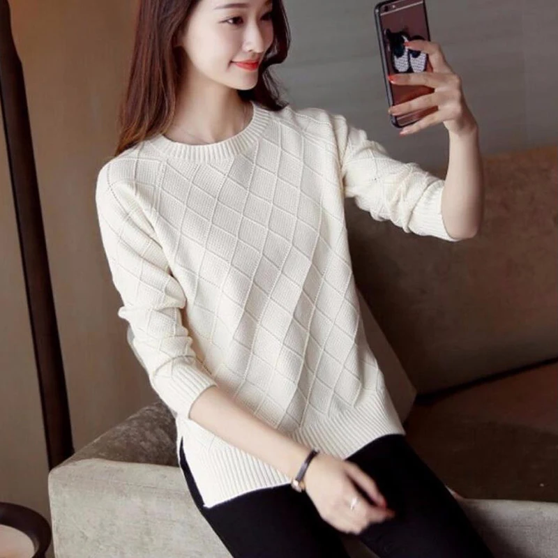 Однотонные вязаные пуловеры с круглым вырезом для женщин Повседневный свитер