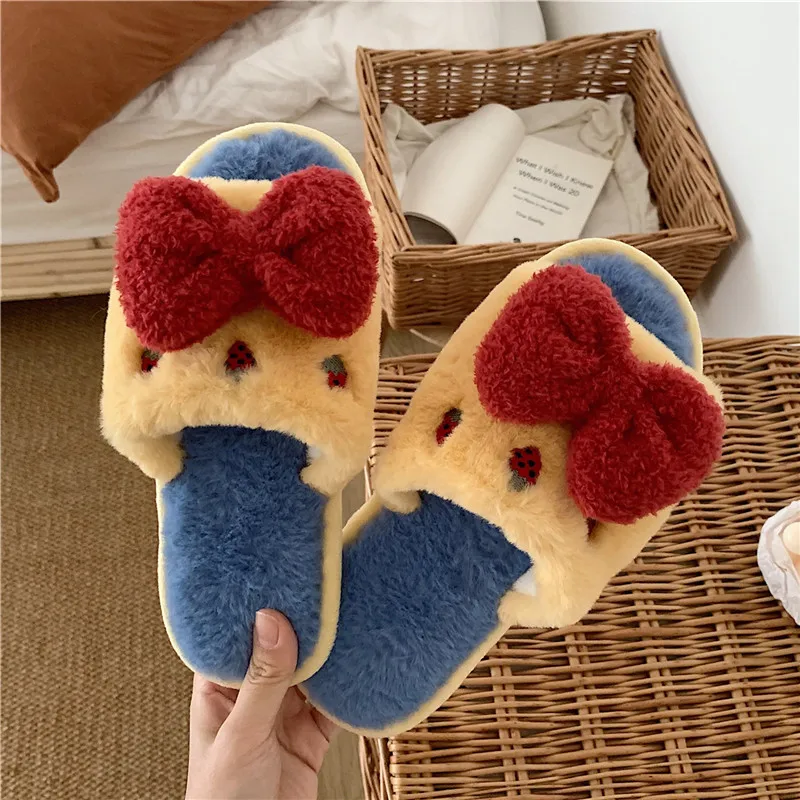 

Winter Women Home Furry Slippers Non-Slip Soft Plush Slides Hairy Floor Shoes Open Toe House Indoor Cute Bow-Knot Cotton Slipper