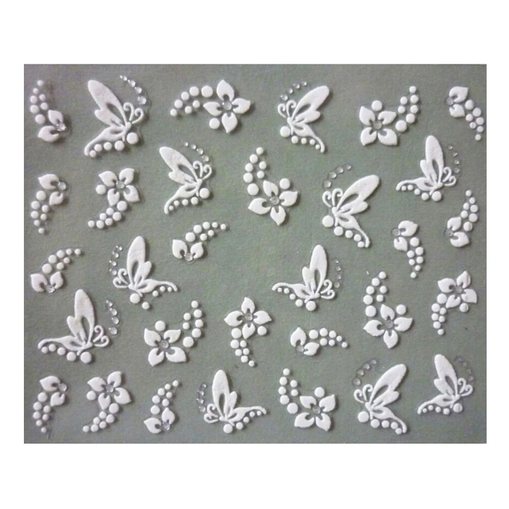 

3D Nail Art Stickers Decals White Sliver Flowers Butterflies Rhinestone