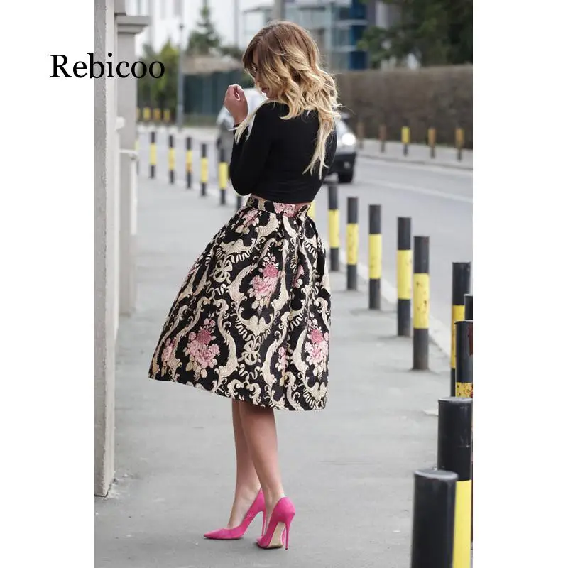 

2019 hot sexy women's floral skirt autumn retro women's long skirt skater trumpet pleated casual long skirt