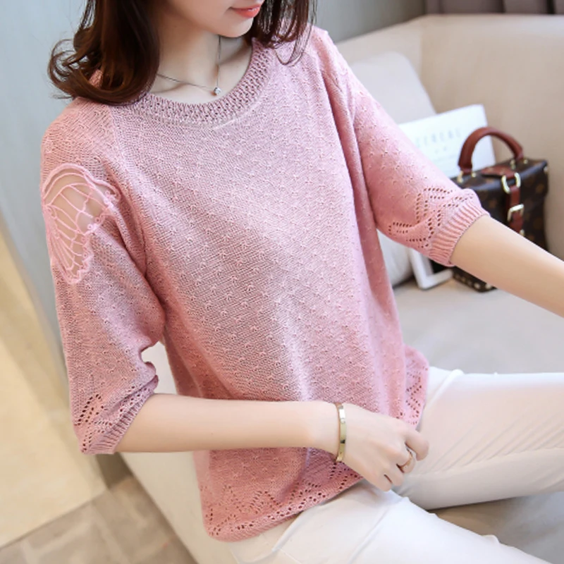 

Thin sweater openwork sweater Spring and Autumn 2021 new women's Korean version loose seven-point sleeve bottoming shirt top