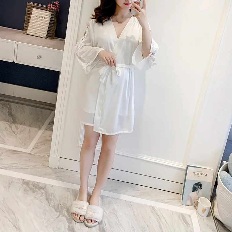 Женский кружевной халат кимоно с цветочным узором и поясом осенняя атласная