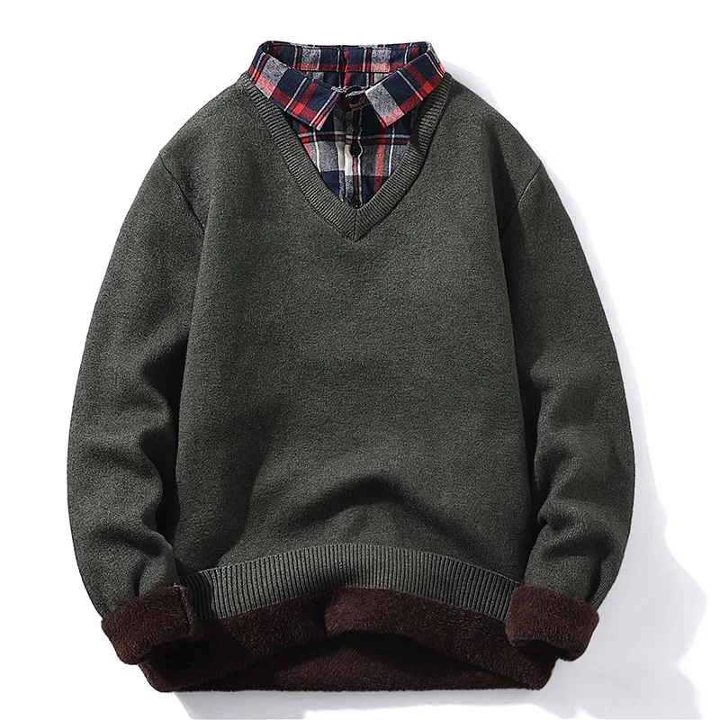 

Мужской бархатный свитер с имитацией двух слоев, Мужской пуловер, мужская Трикотажная Повседневная трендовая одежда из искусственного плю...