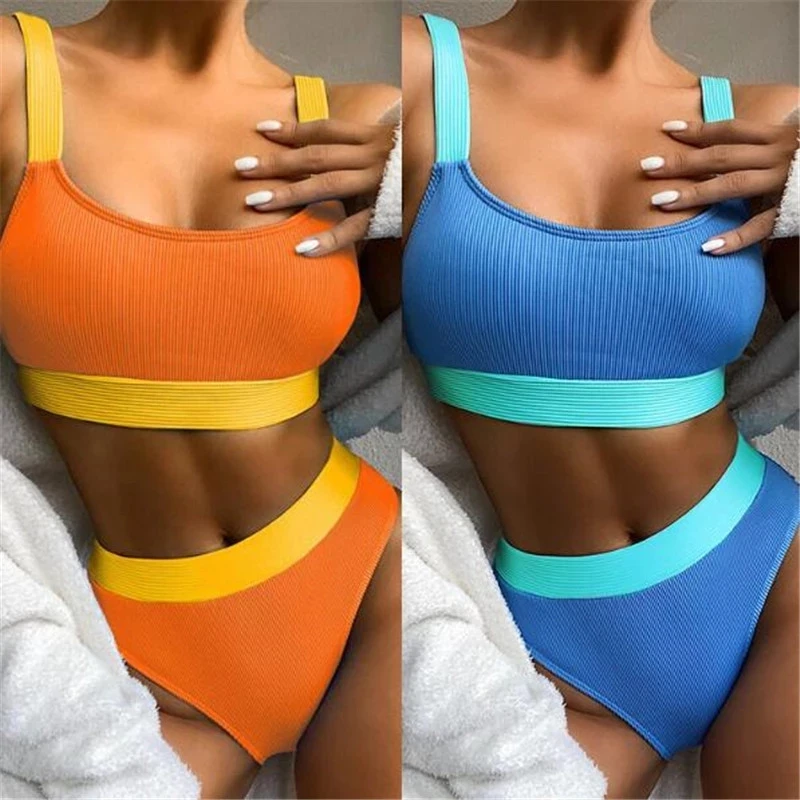 

U Neck Two Piece Swimsuit Women Female Sleeveless Bikini Top Swimming Trunks Striped Bathing Suit Beach Swimwear