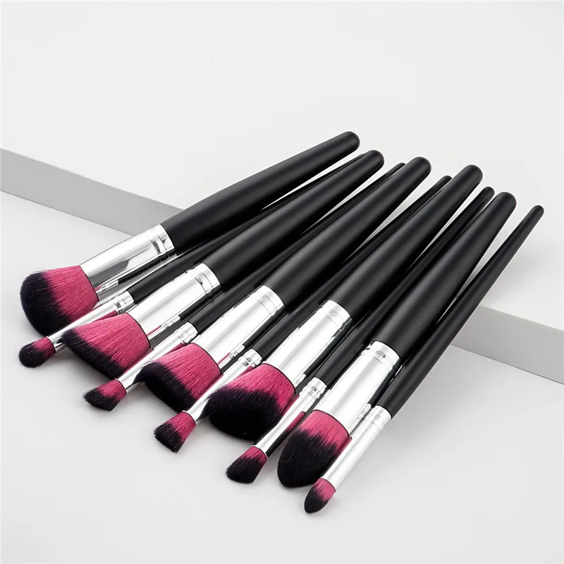 

10 Makeup Brushes Beauty Tools Five Big Five Small Pink Black Peak Color Hair Black Wooden Handle Silver Tube Foundation Brush
