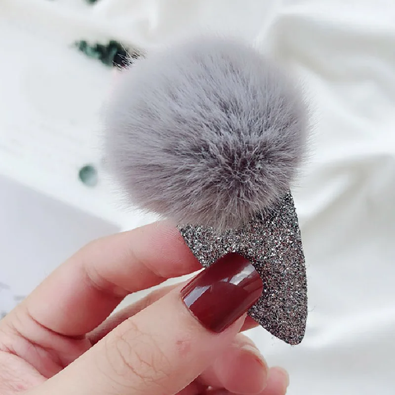 grey Мягкий помпон из искуственного меха помпон для волос клип, шарообразные пули, заколка детская одежда для девочек; аксессуары для волос принцессы волосы украшения-заколки для волос - Цвет: grey