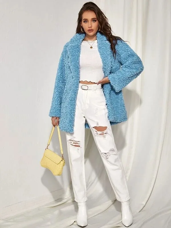 Женское пальто с мехом ягненка синего цвета теплая повседневная воротником