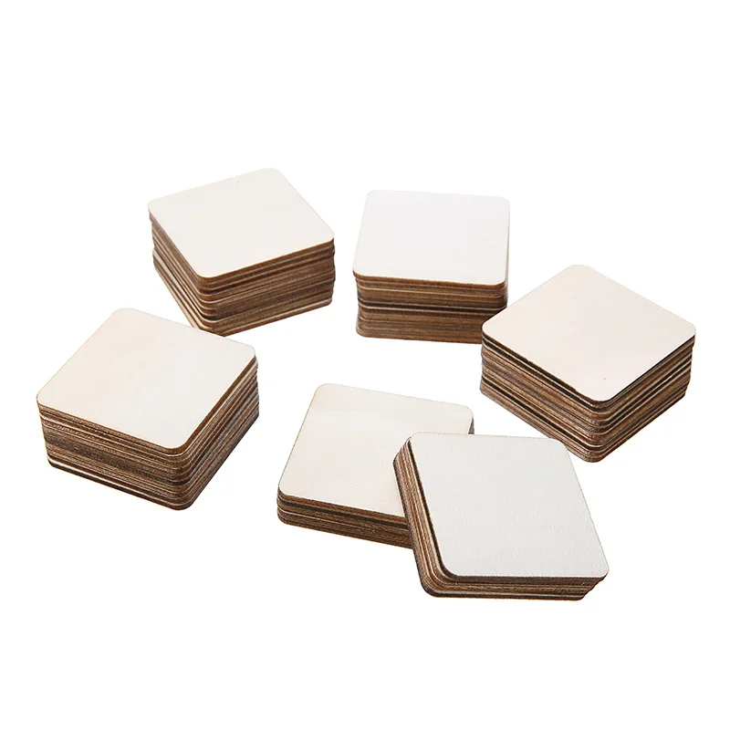 

50pcs/set Square Wooden Cutouts Wooden Square Shape Coaster Plain Wood Unfinished Blank Square Chips for DIY Craft