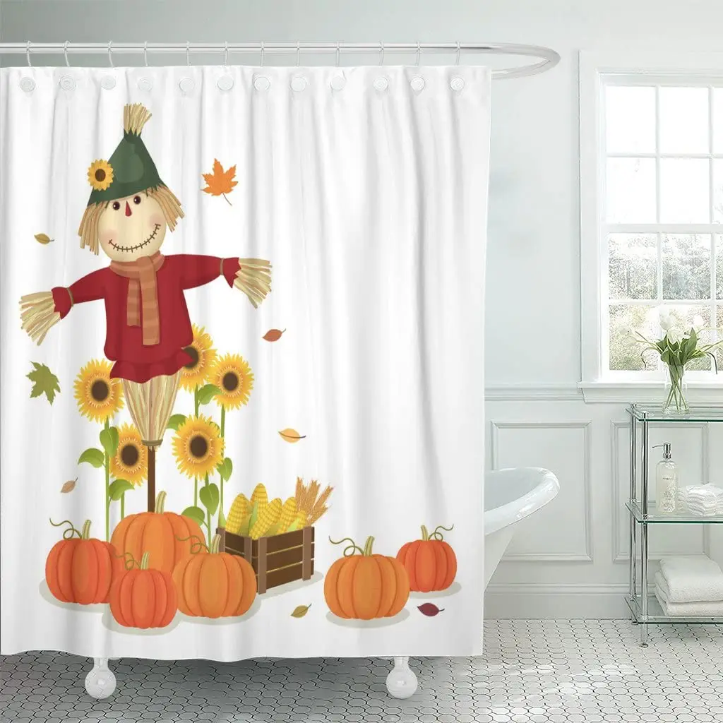 

Shower Curtain Thanksgiving Fall of Autumn Harvesting Cute Scarecrow and Pumpkins November Polyester Fabric Bathroom Curtain Set