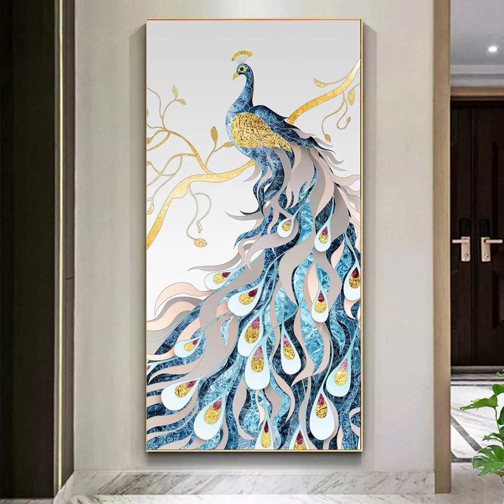 

Fancy Peacocks standing on the branch cage Modern Canvas Painting HD Poster and Printing for Porch Living Room Office Decoration