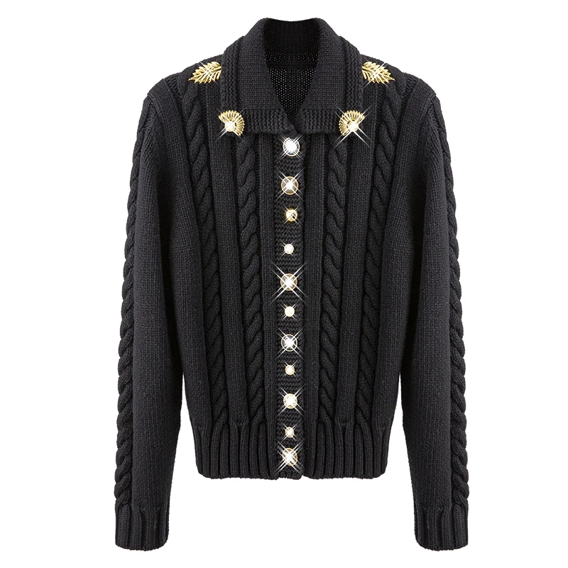 

[DEAT] New Fashion Women Blazer Solid Black Thick Knitted Single Breasted Gold Button Lapel Sweater 2021 Spring Autumn GX1202
