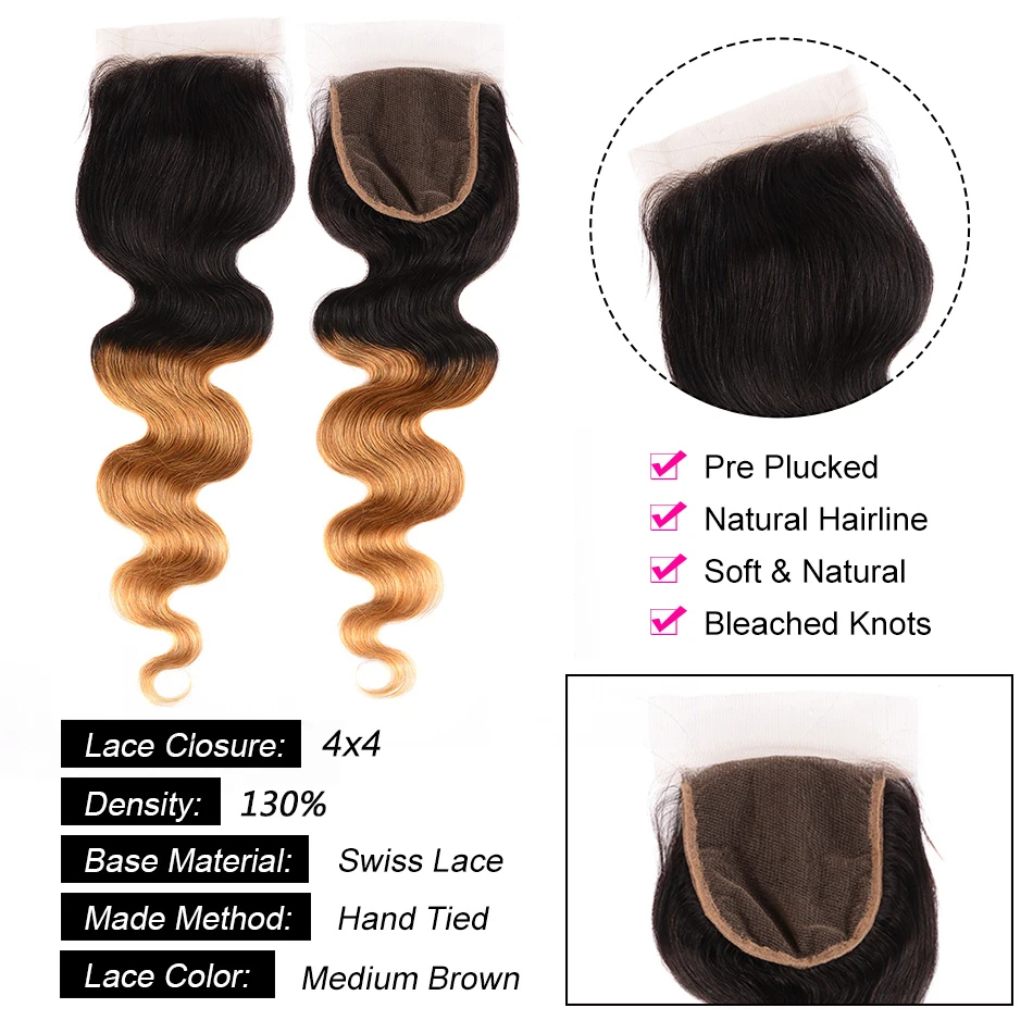 Малазийские пучки волн тела с закрытием T1B/27 волос от светлого до темного цвета Remy