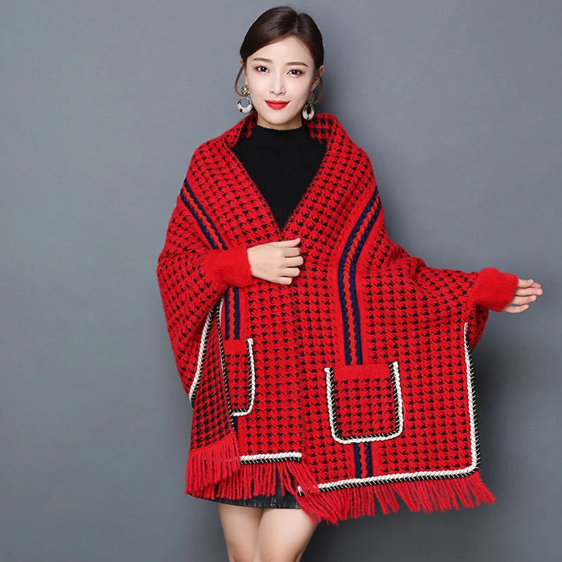 

ZJZLL Woman Mink Velvet Stripes Houndstooth Shawl Loose Pocket Socialite Cardigan Tassel Knit Sleeve Poncho Cape Winter Sweater