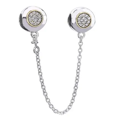 

Genuine 925 Sterling Silver Bead Charm Two-tone Signature With Crystal Safety Chain Beads Fit pandora Bracelet Diy Jewelry