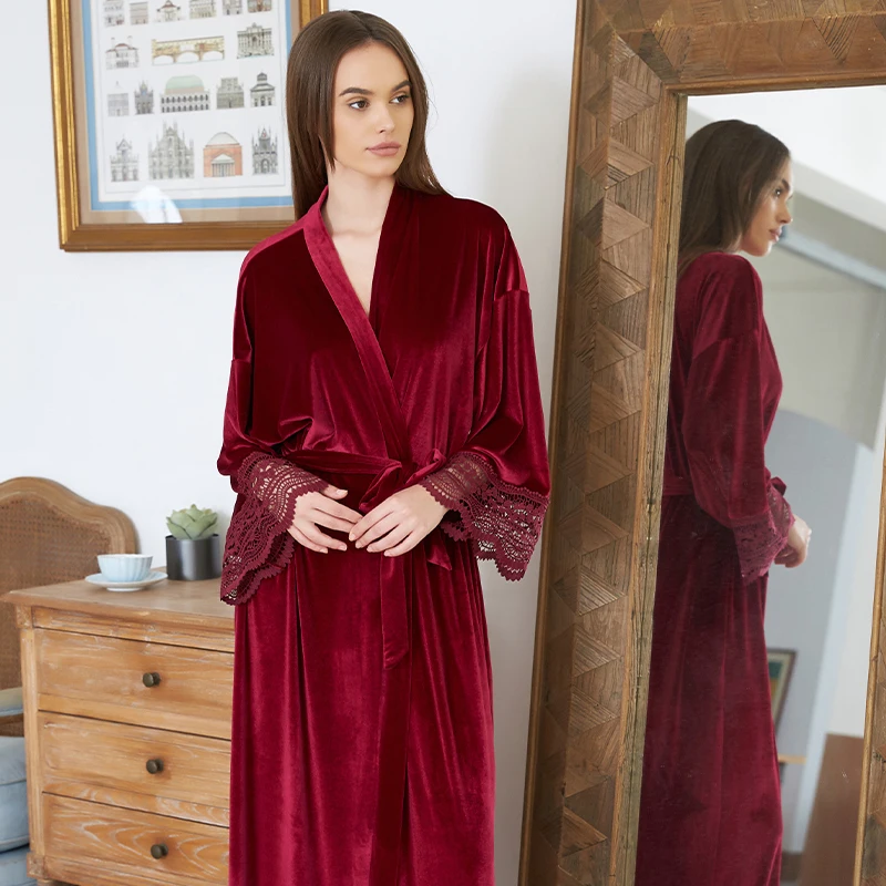 Solid Velvet Robe Bridal Robe Bridesmaid Robes Lace Trim Wedding Robe Sleepwear Bathrobe Dressing Long Gowns kimono robe