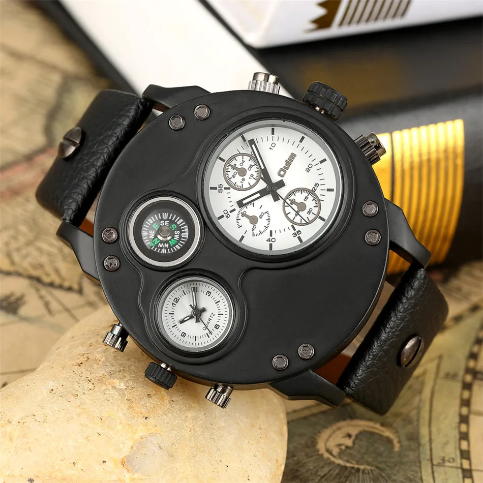 

Oulm Brand Compass Functional Small Dial Men's Sport Watches Black Genuine Leather Watch Band Large Dial Men Watch Pin Buckle