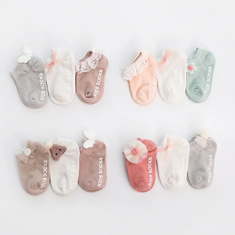 

3 Pairs/lot 0 to 24M Spring Summer Baby Socks Solid Color Infant Baby Floor Socks Soft Cotton Anti-slip Boat Socks For Girls