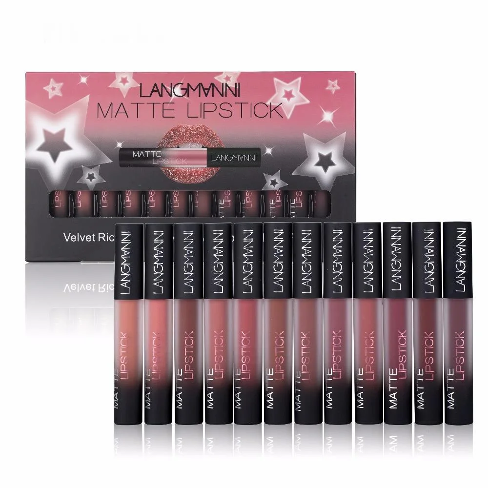 

12pcs/lot Lip Kit Matte Lipstick Waterproof Nutritious Velvet Lip Stick Red Tint Nude Batom Makeup Set