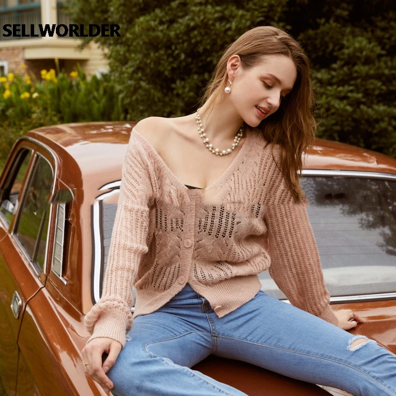 

Sexy V-neck Long Batwing Sleeve Female Sweater Autumn 2020 Hollow Out Thin Cardigan Elegant Women Pink Knitted Cardigan