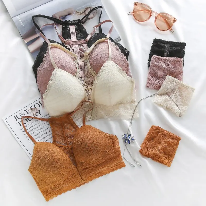 

Sexy Lace Beauty Back Front Buckle No Steel Ring Gathered Bra + Briefs Set