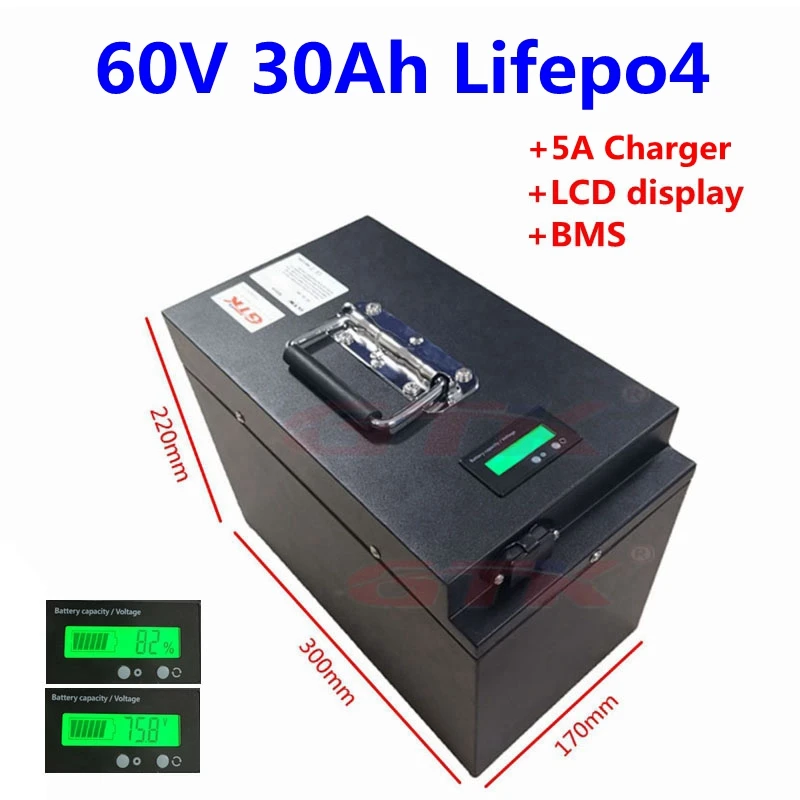 Литиевая батарея GTK LiFepo4 60V 30Ah 25Ah с ЖК-дисплеем BMS для трехколесного велосипеда 72V