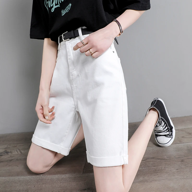 

Denim Shorts Women's 2020 Summer New Flanging Cropped Pants Loose Slimming High Waist White Straight-Leg Pants Middle Pants